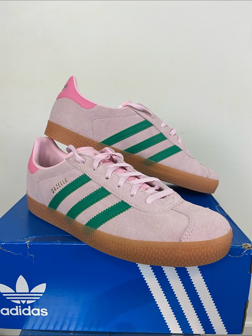 adidas Gazelle Pink Suede Sneakers with Green Stripes
